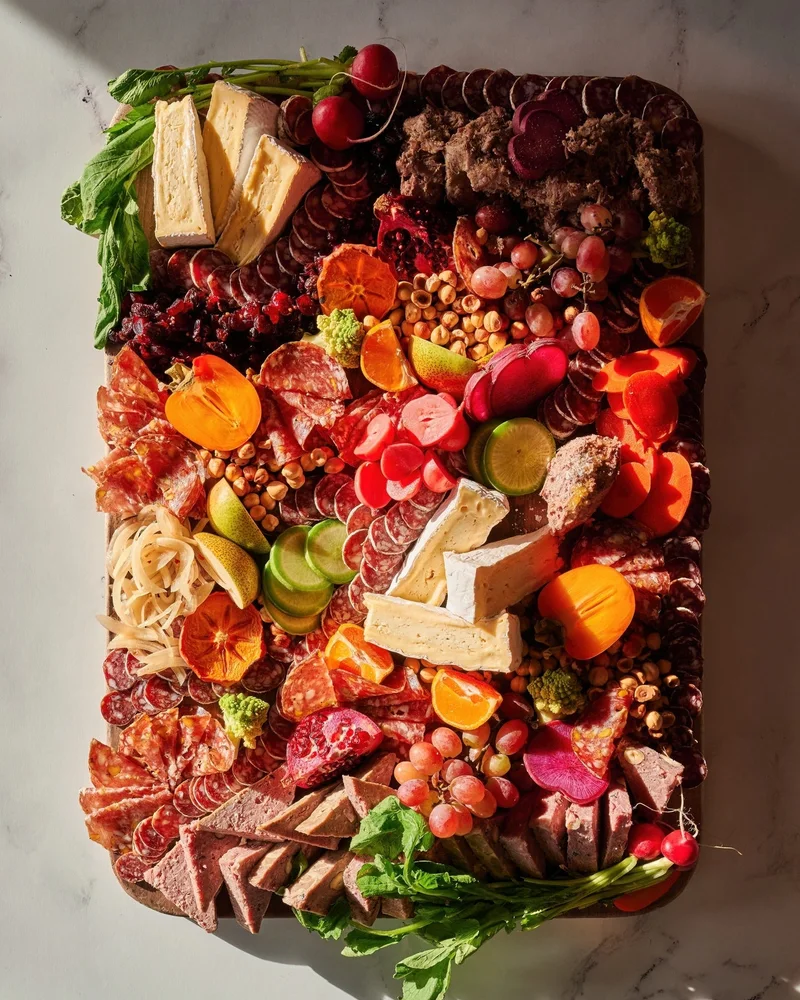 Мясная доска с ветчиной, колбасой, сырами с белой плесенью, виноградом и зеленью, вид сверху